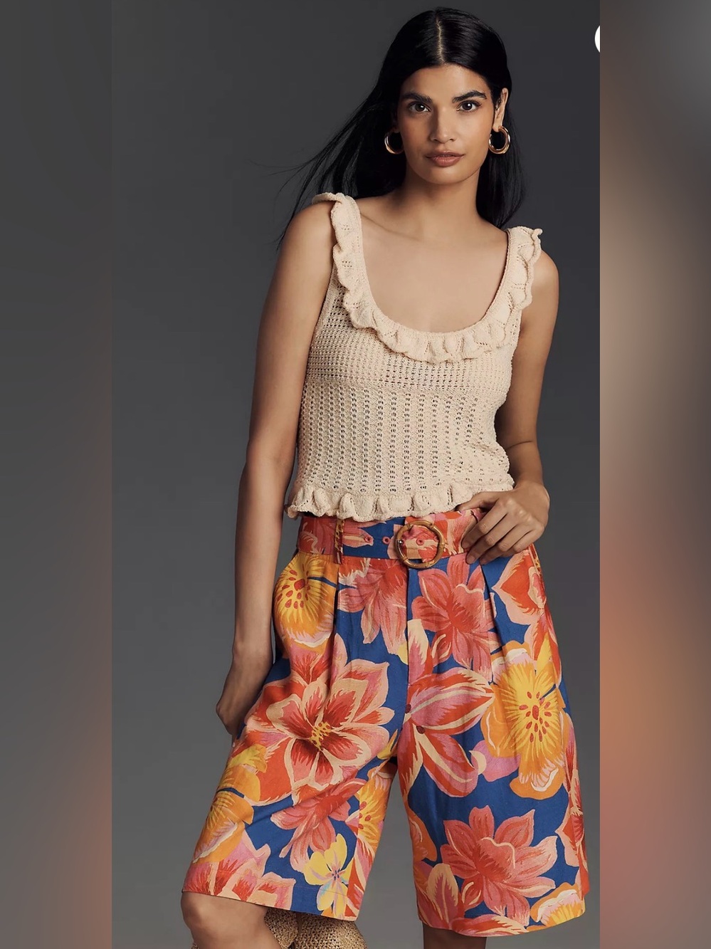 Farm Rio x Anthropologie Linen Blend Belted Floral Bermuda Shorts